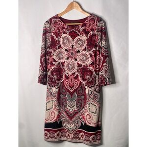 White House Black Market Red Paisley Medallion 3/4 Sleeve Shift Dress Size M